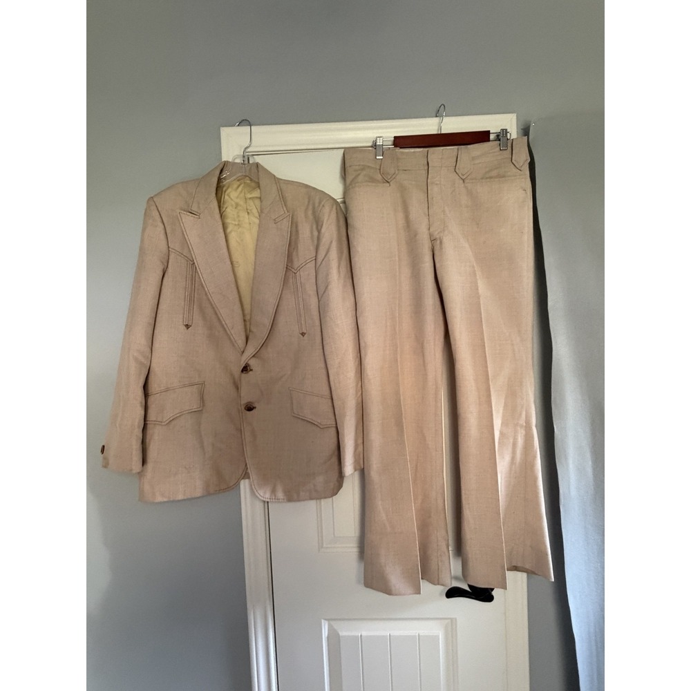 Vtg Lasso Suit Mens 42 34x31 Beige Solid Western Retro 2 Piece Flare 70s Cowboy